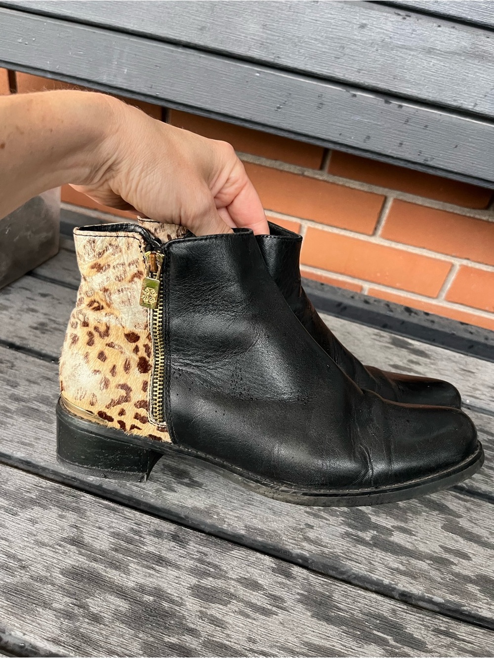 Women's Black Leather Ankle Boots with Leopard Accent